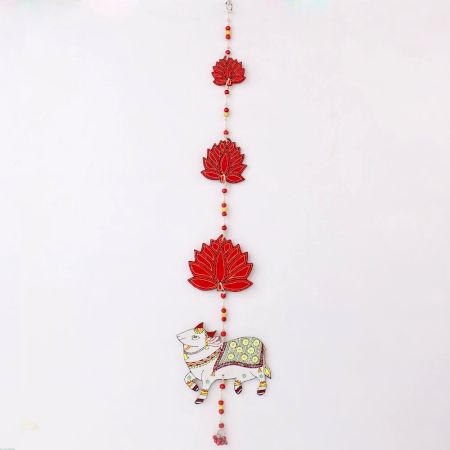 Handmade Wooden Cow and Lotus Wall Hanging for Home Decor - Red, Pink